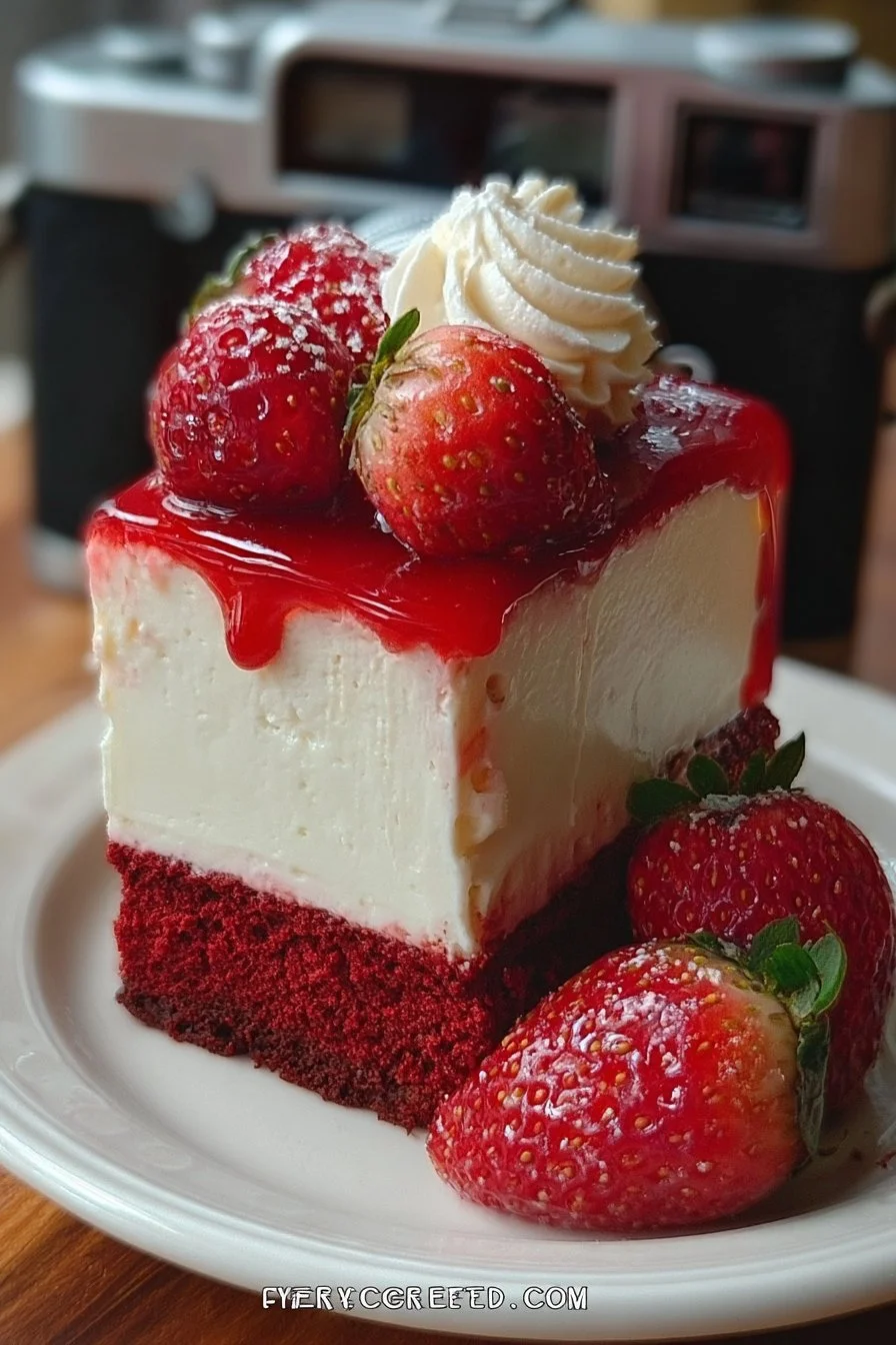 Delicious red velvet cheesecake with strawberries on top