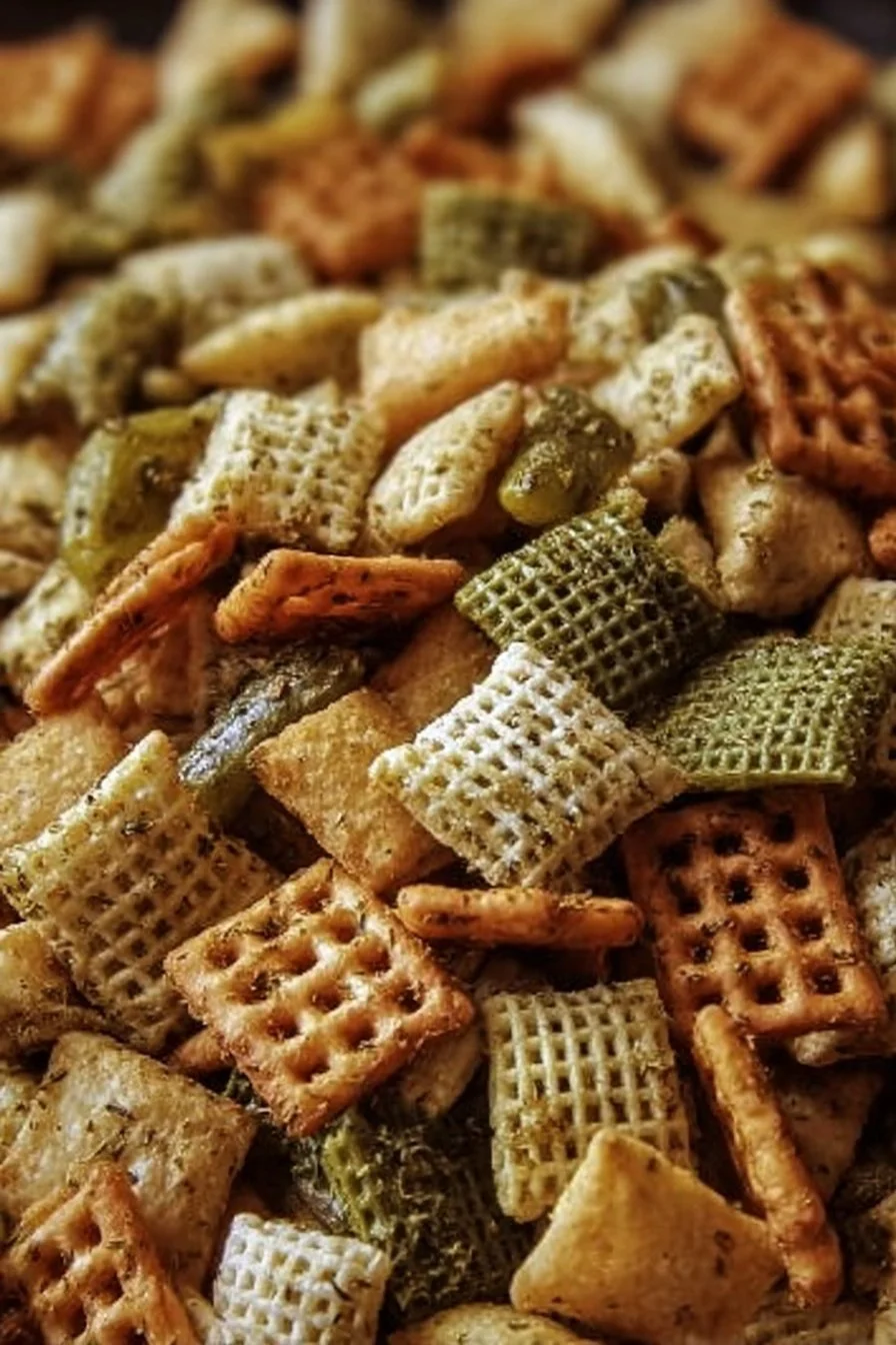 A delicious bowl of Dill Pickle Chex Mix featuring crunchy cereal and tangy pickle flavor.