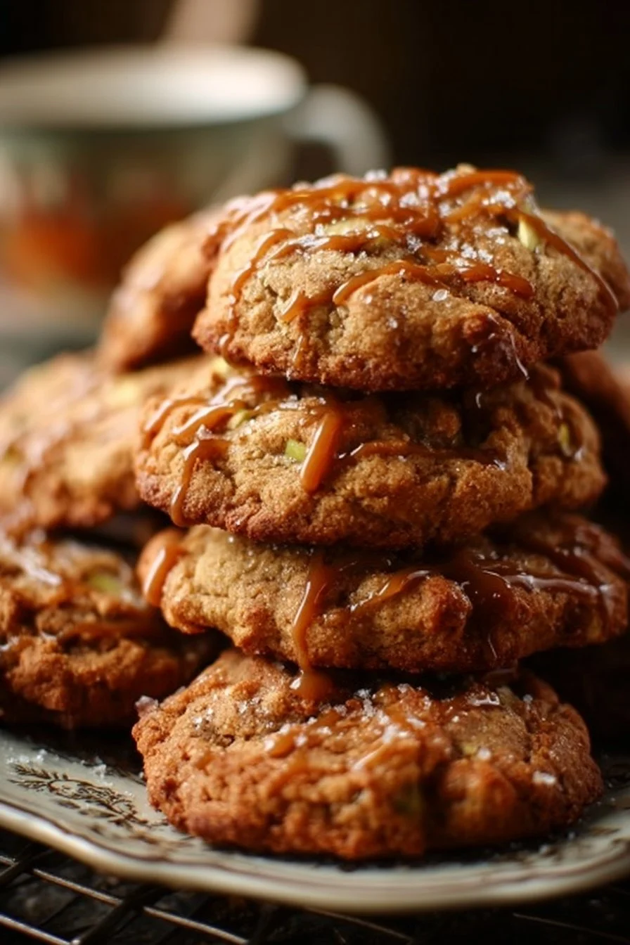 Delicious easy caramel apple cookies with chunks of caramel and apple slices
