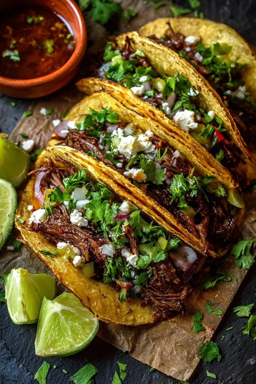 Plate of easy garlic butter honey BBQ beef tacos topped with fresh ingredients.