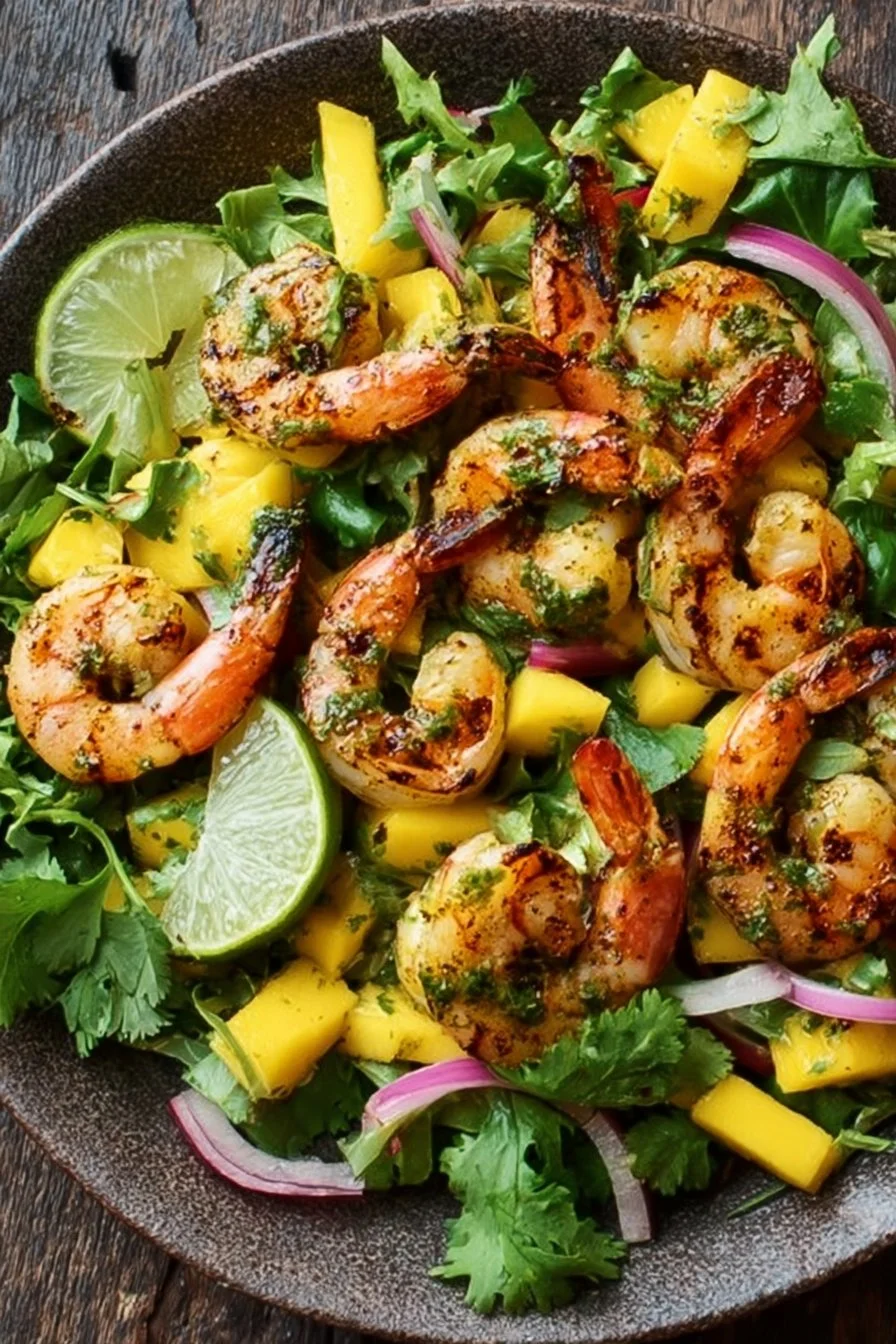 Easy grilled shrimp and mango salad with cilantro-lime vinaigrette on a plate