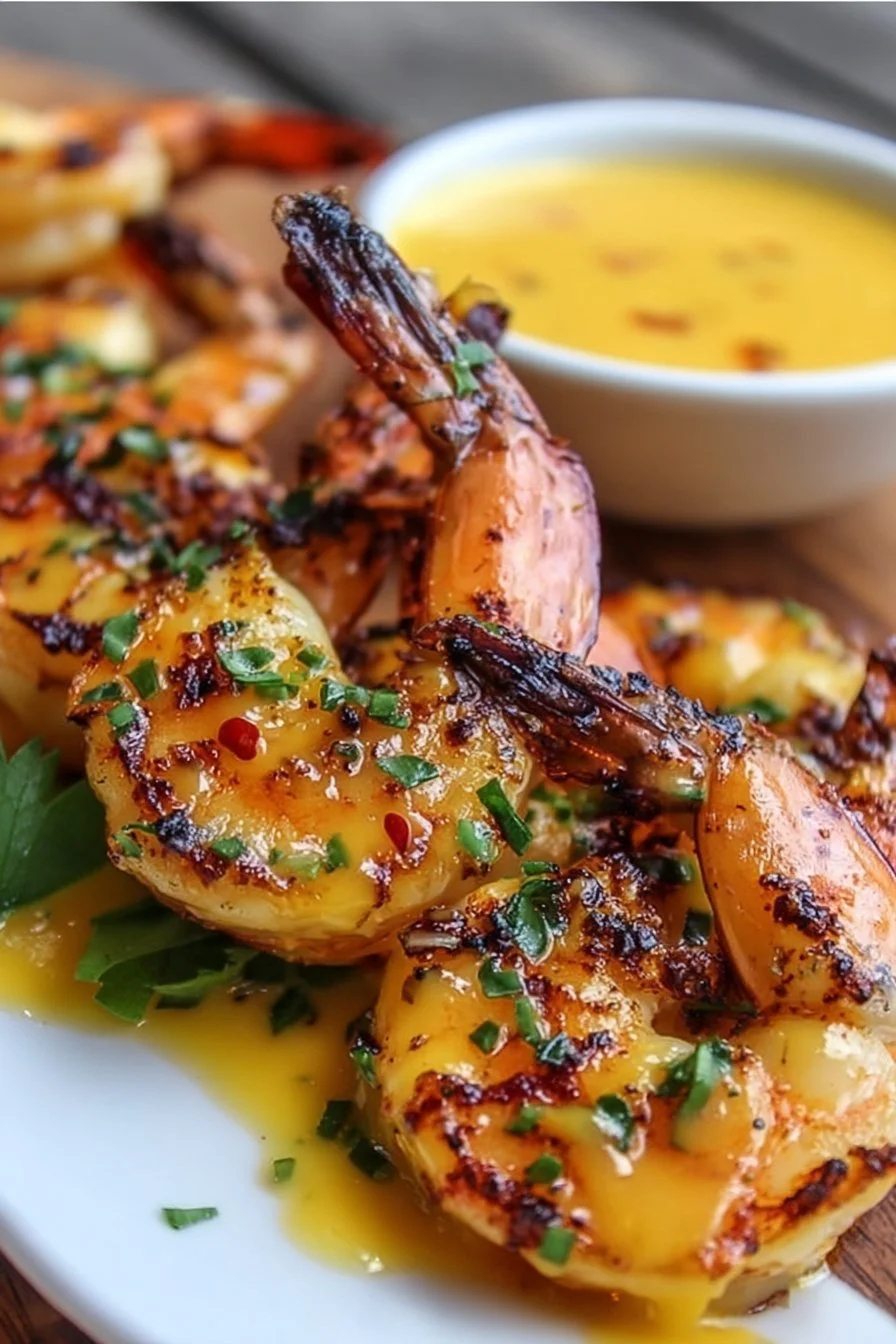 Grilled shrimp with spicy mango lime coulis on a plate