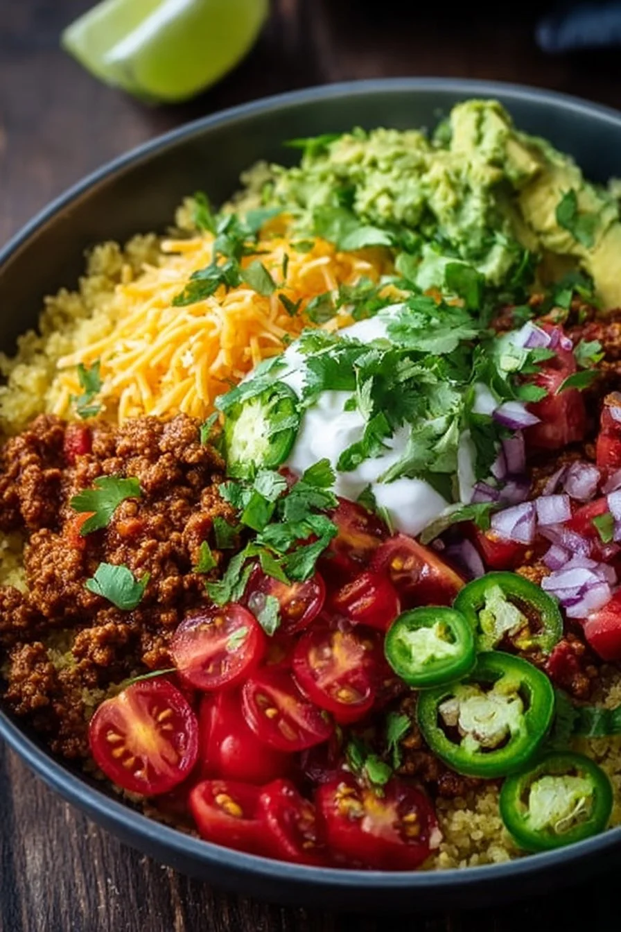 Delicious turkey taco bowls with cauliflower rice served in a colorful bowl