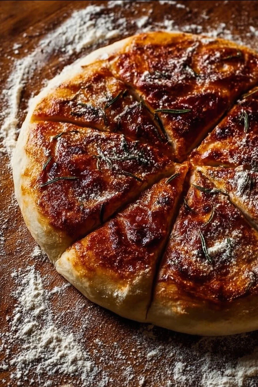Homemade sourdough pizza topped with fresh ingredients on a wooden board
