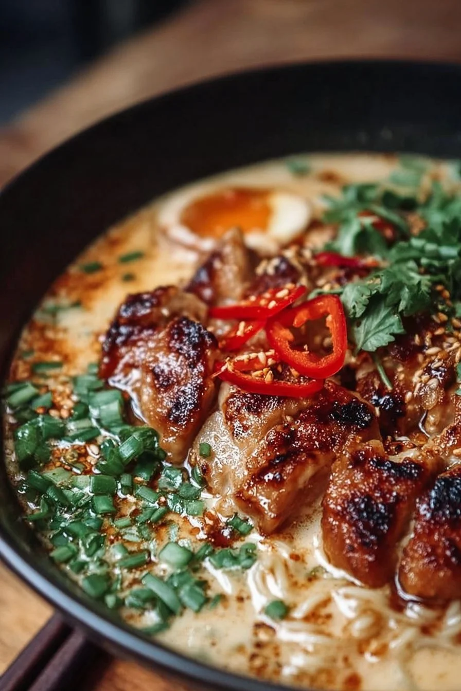 Fiery chicken ramen with creamy garlic sauce in a bowl