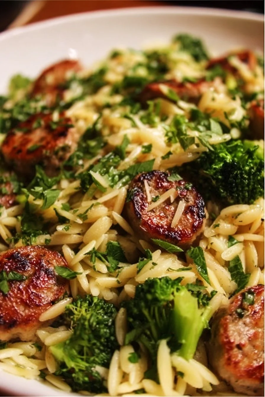 Flavorful chicken sausage with broccoli orzo, perfect for backyard BBQ.