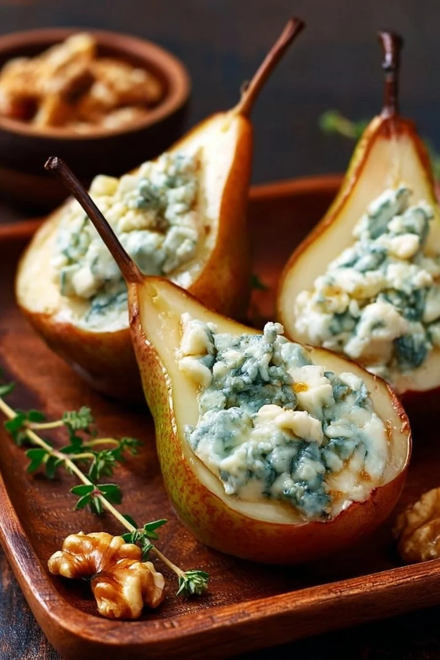 Elegant blue cheese stuffed pears appetizer on a serving platter