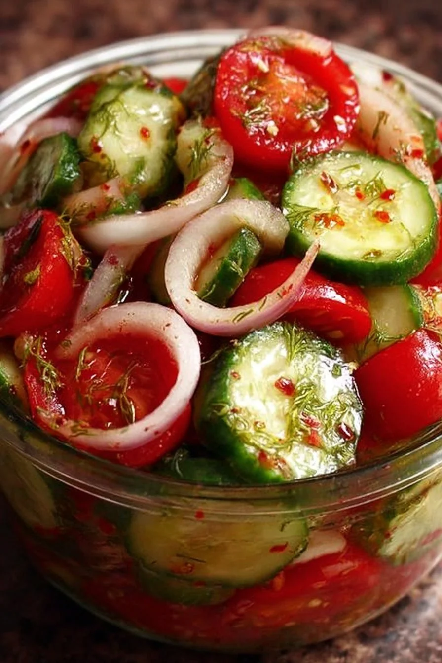 Bowl of flavorful marinated cucumbers, onions, and tomatoes, delicious salad side dish.