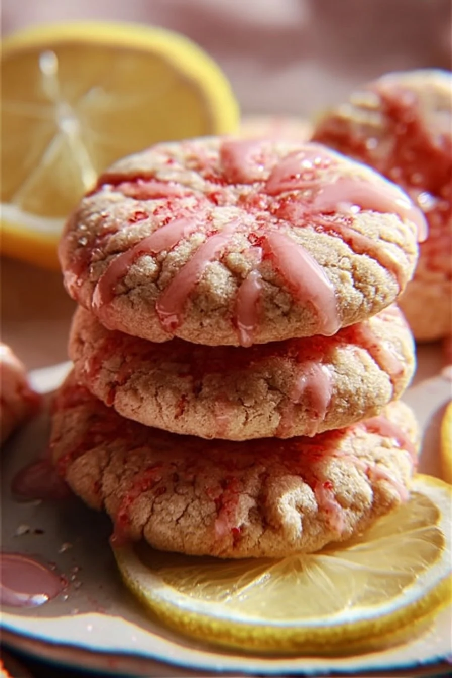 Freshly baked strawberry lemonade cookies with lemon and strawberry essence.