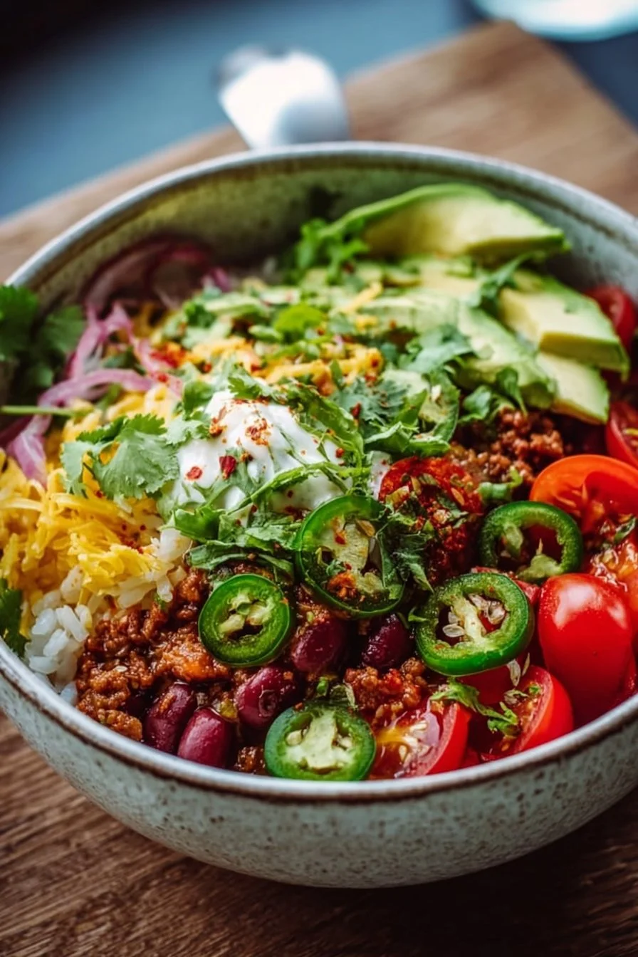 Delicious Fresh Taco Rice Bowl prepared for a quick and easy lunch