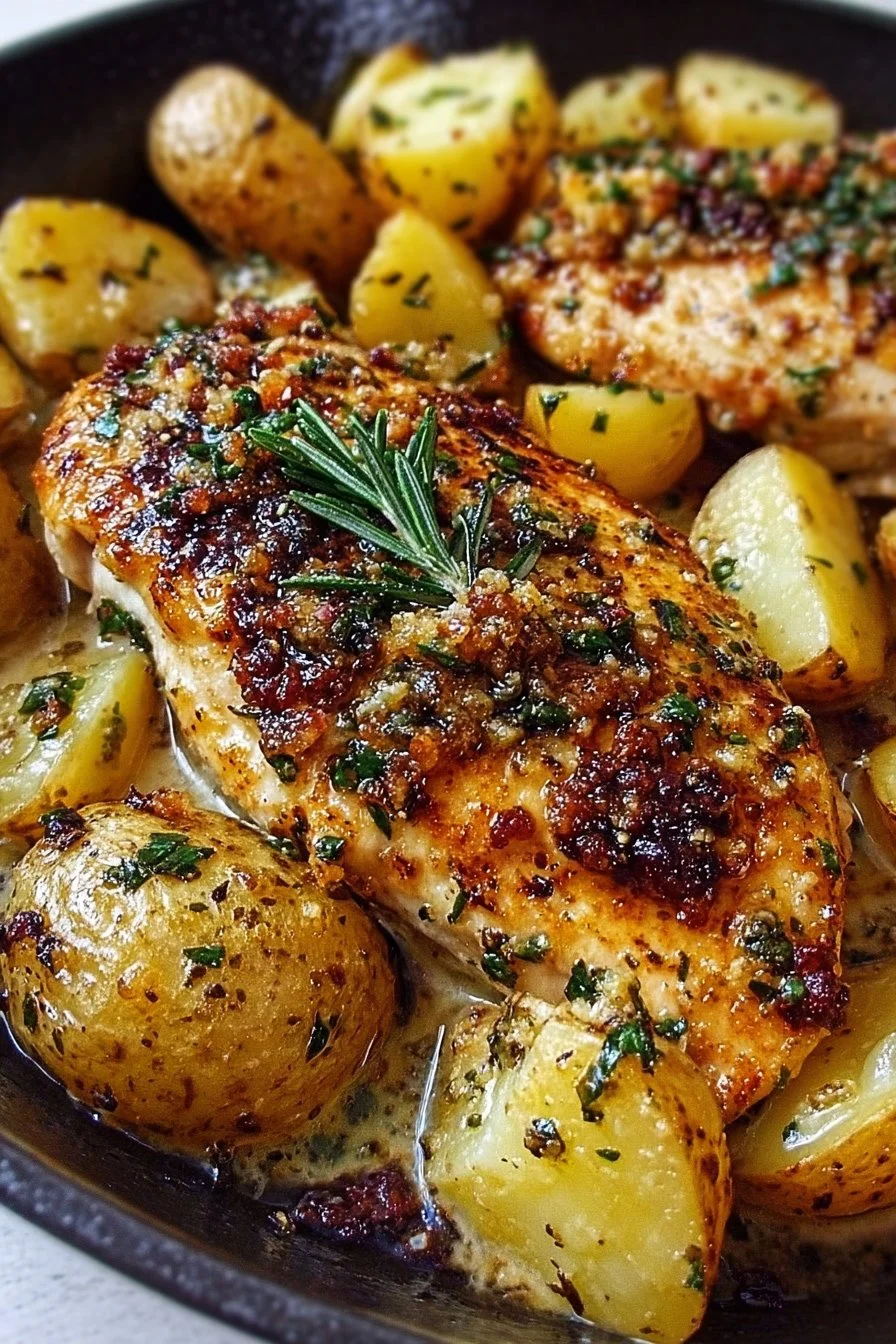 Garlic Parmesan Chicken with crispy potatoes on a plate