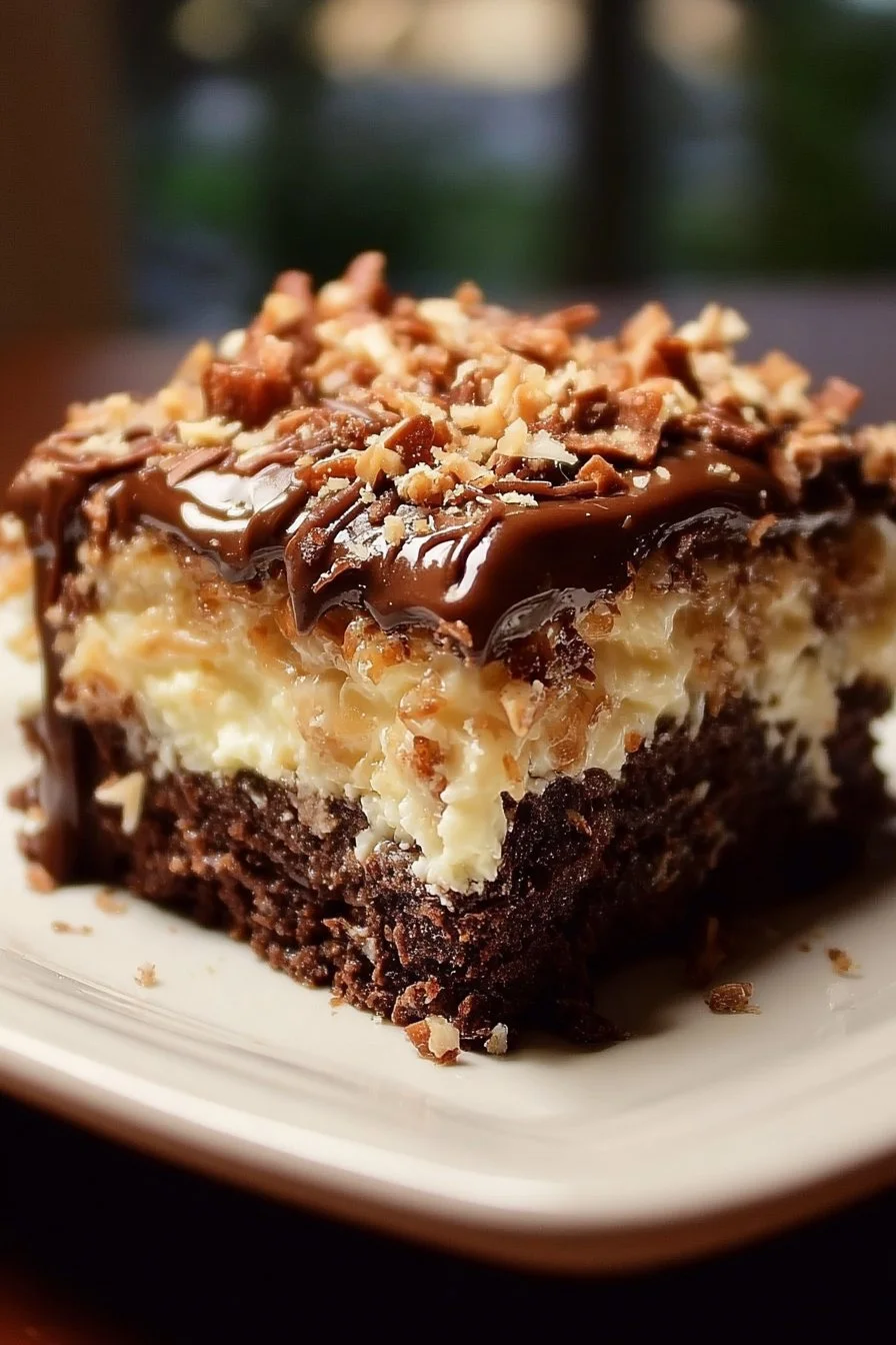 Delicious German Chocolate Poke Cake topped with coconut pecan frosting
