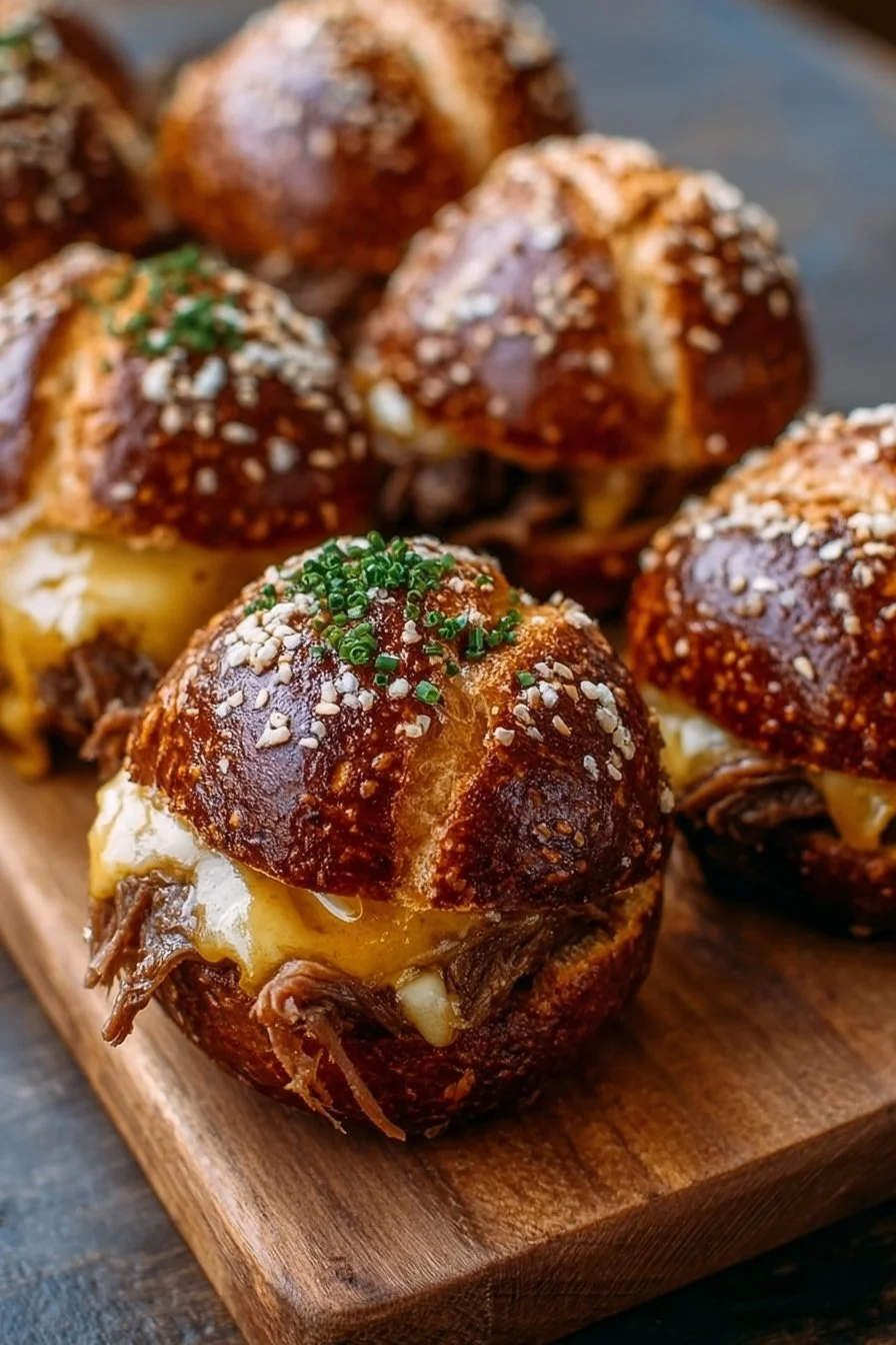 Golden smoked brisket and beer cheese stuffed pretzel bombs served on a plate