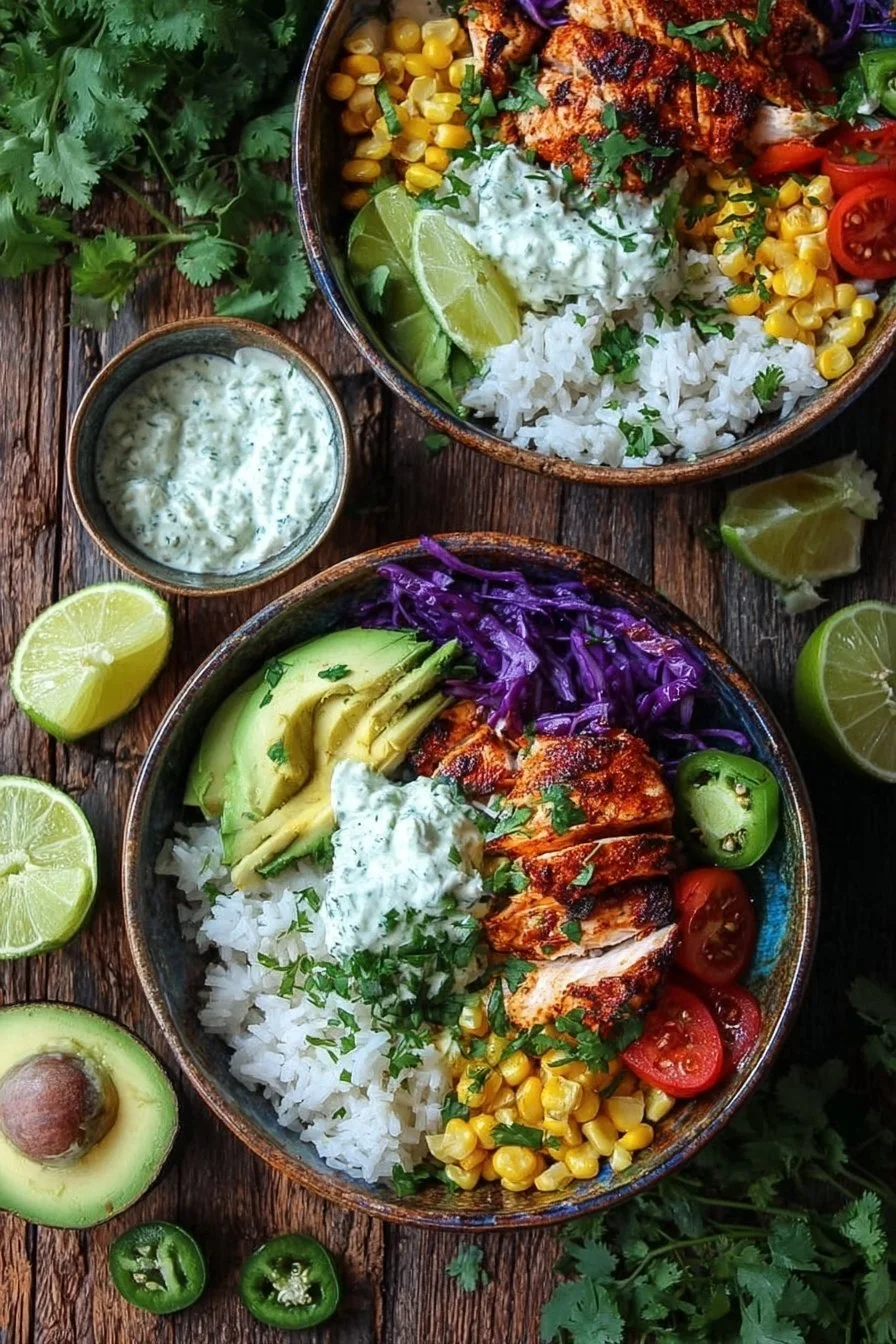 Healthy fish taco bowls with cilantro-lime rice and fresh toppings