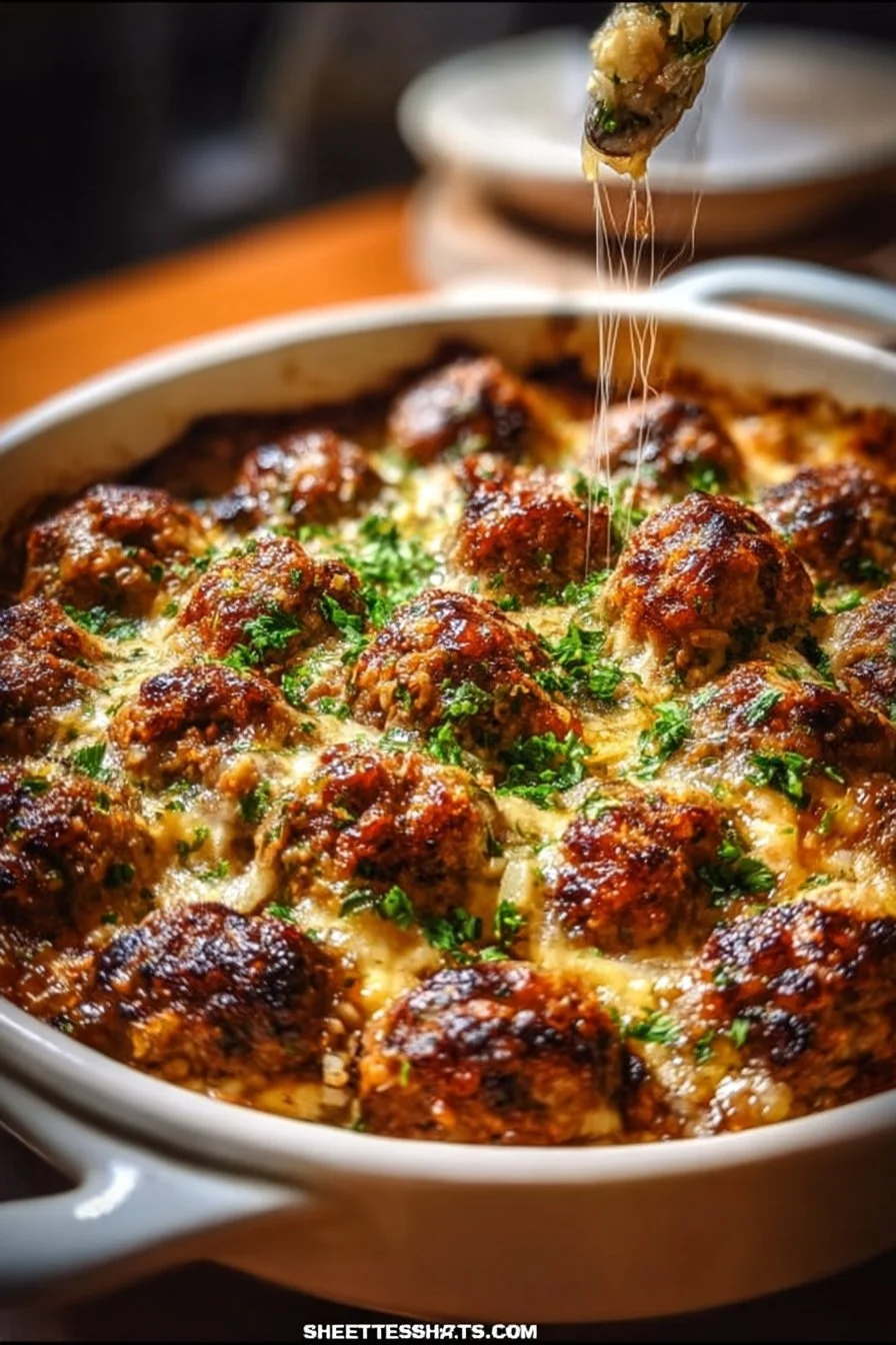 Healthy Honey Garlic Meatball Rice Bake with flavorful meatballs and rice
