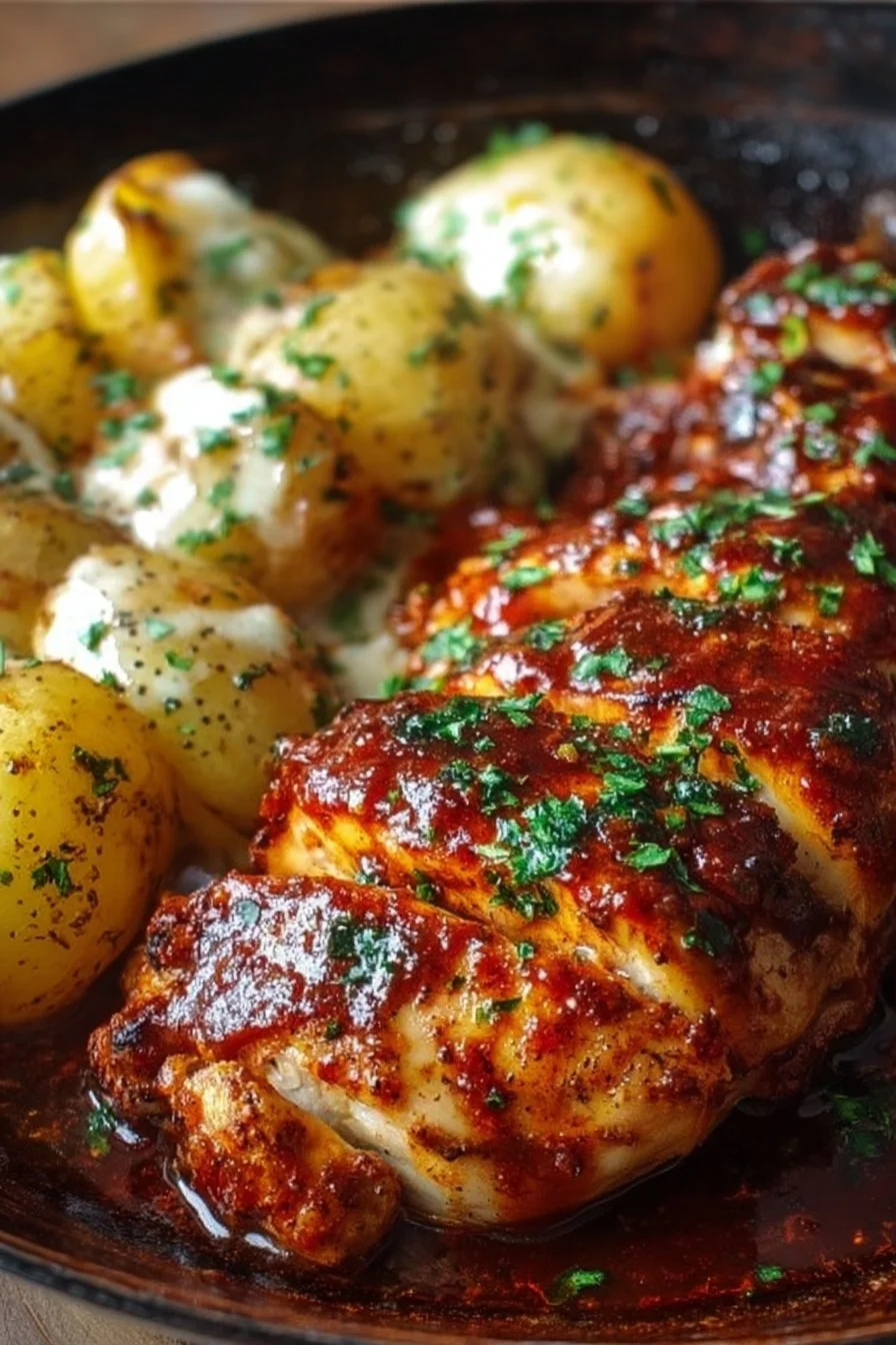 Honey BBQ Chicken served with creamy garlic parmesan potatoes on a plate.