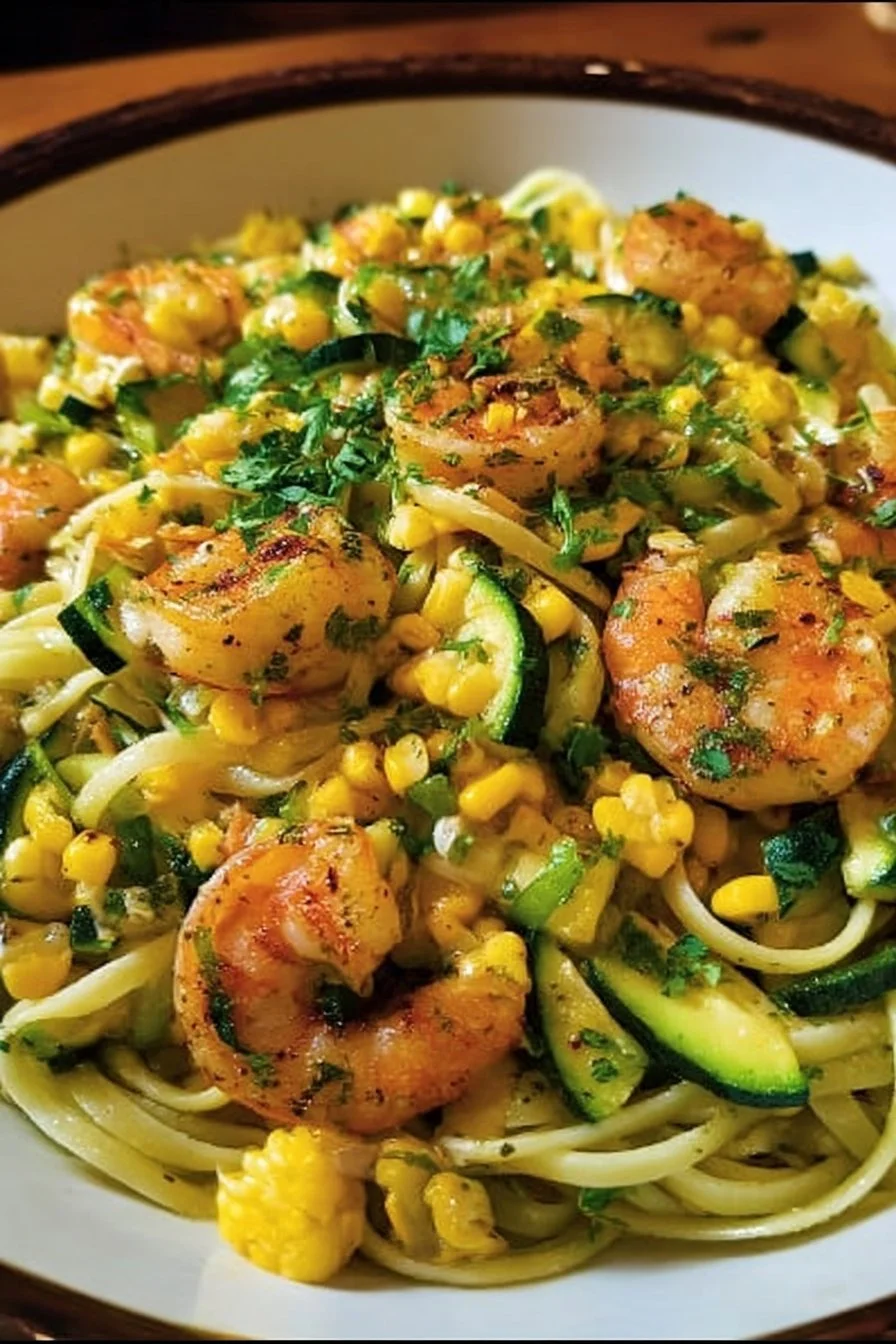 Hearty linguine with zucchini, corn, and shrimp served on a plate