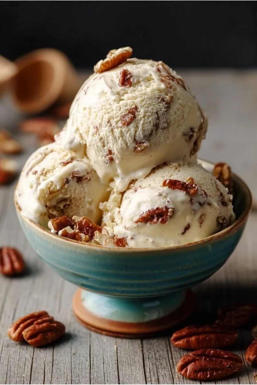 Bowl of homemade butter pecan ice cream topped with chopped pecans.