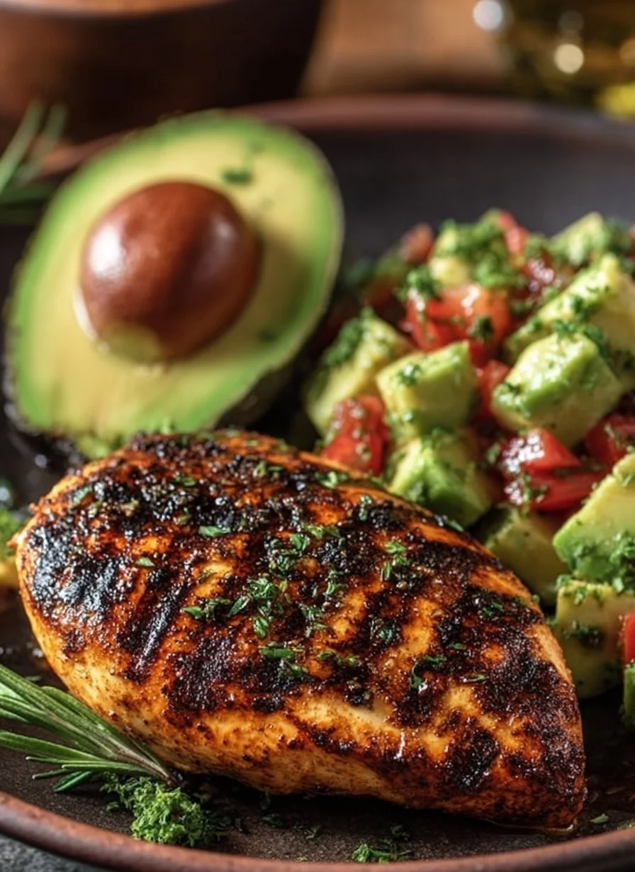 Delicious homemade grilled avocado chicken served with fresh ingredients