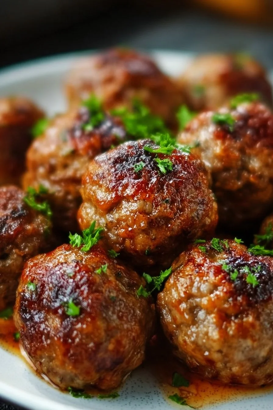 Plate of irresistible air fryer meatballs with herbs and sauce