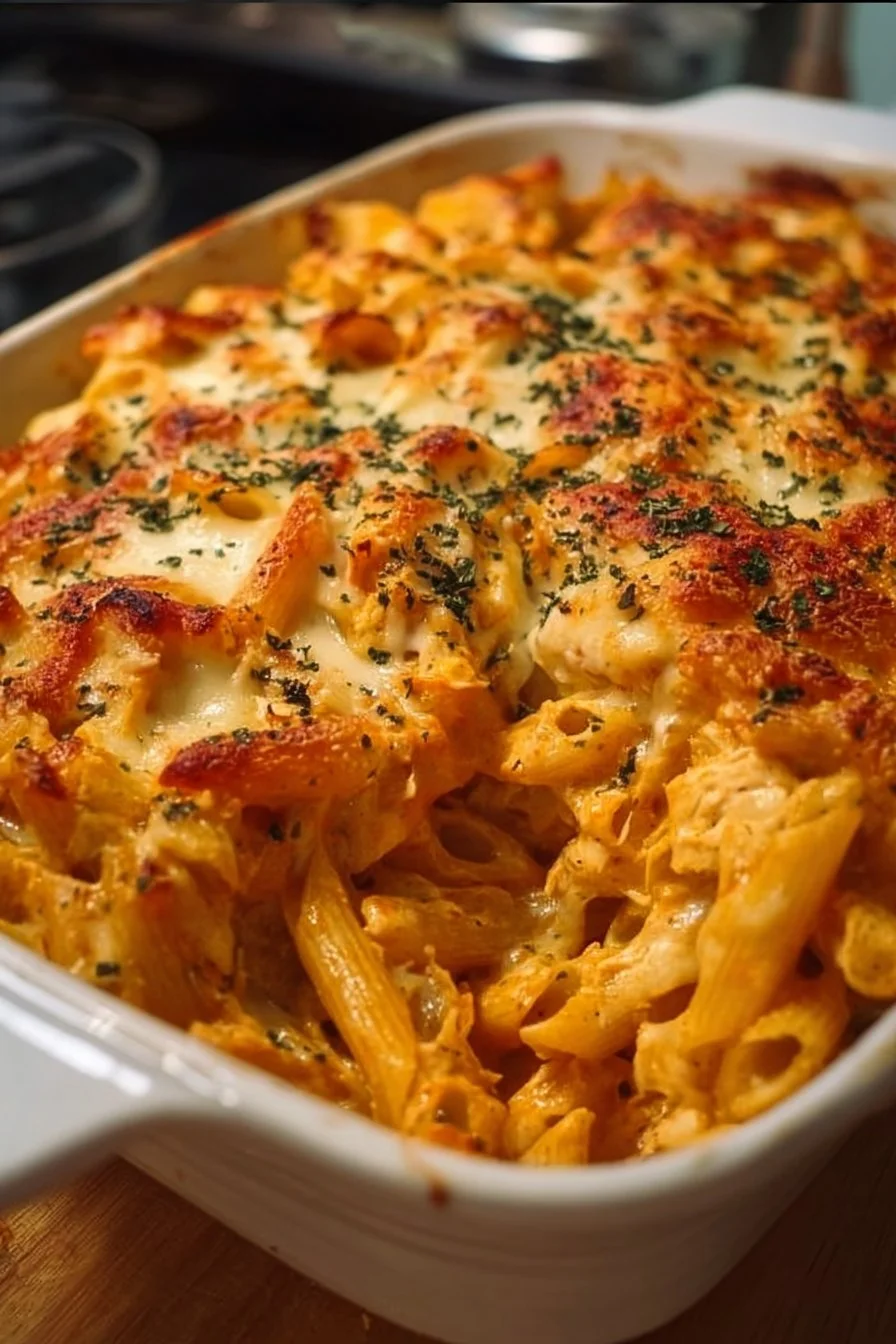 Cheesy Buffalo Chicken Pasta Bake topped with fresh herbs and melted cheese