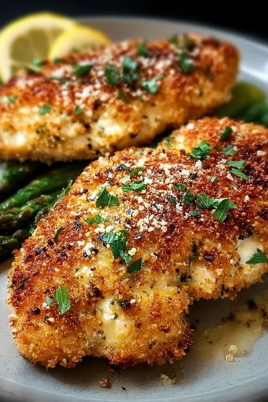 Delicious Parmesan Crusted Chicken served on a plate with herbs