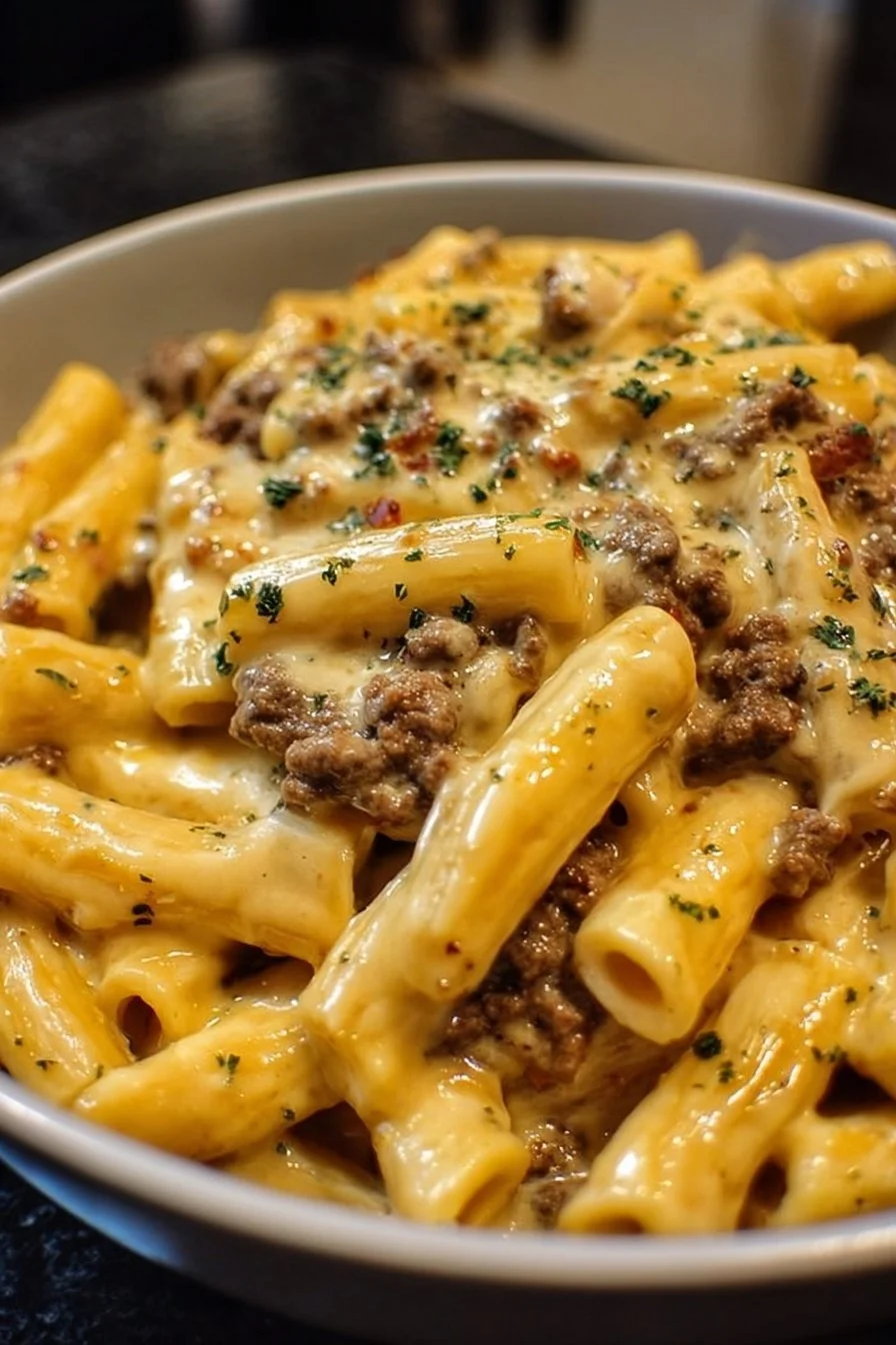 Loaded cheeseburger alfredo pasta topped with cheese and ground beef