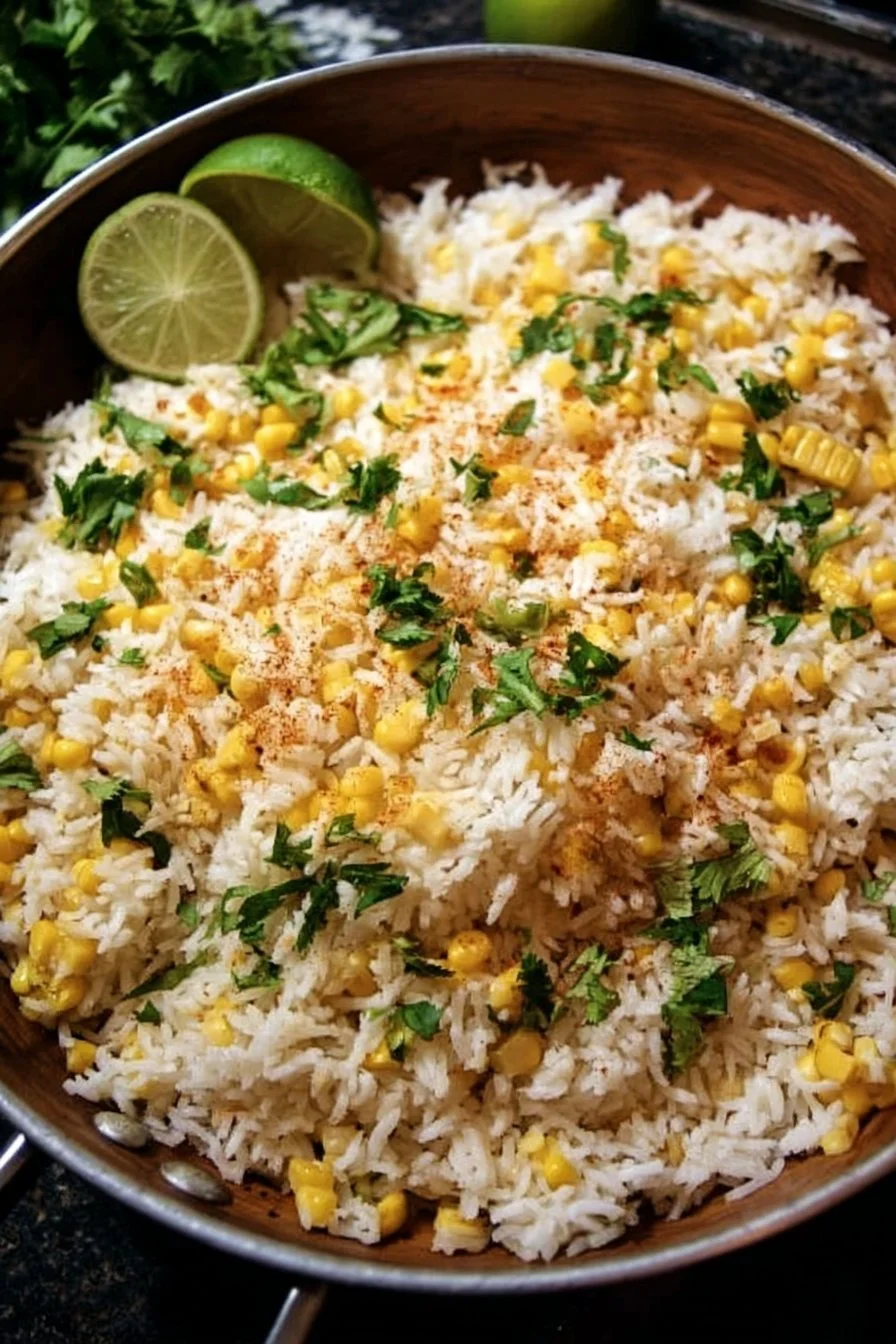 One-pan cheesy Mexican street corn dish with white rice