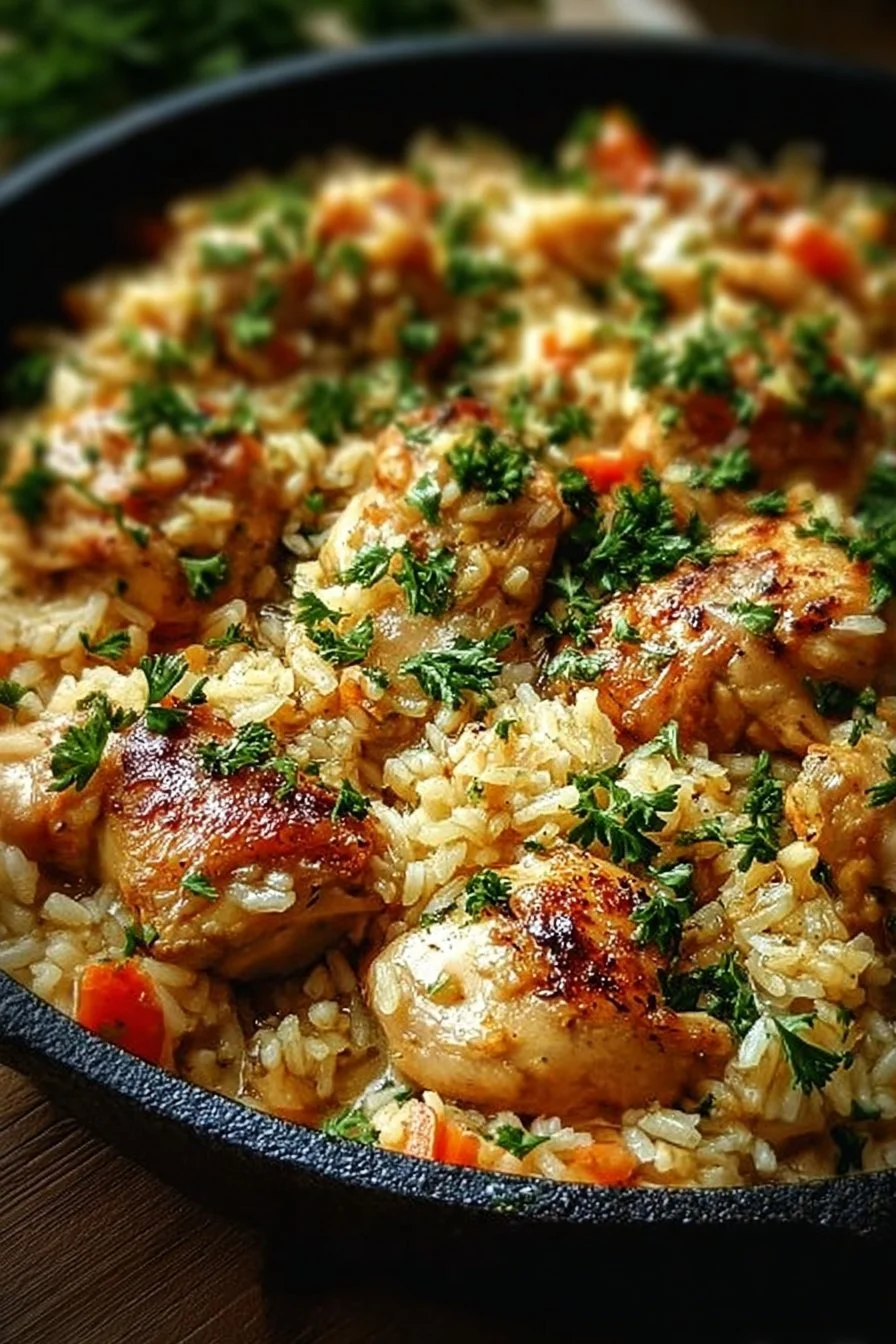 One Pot Chicken and Rice dish served in a skillet, garnished with herbs.