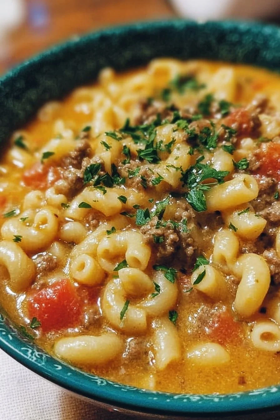 Delicious one-pot macaroni cheeseburger soup in a bowl