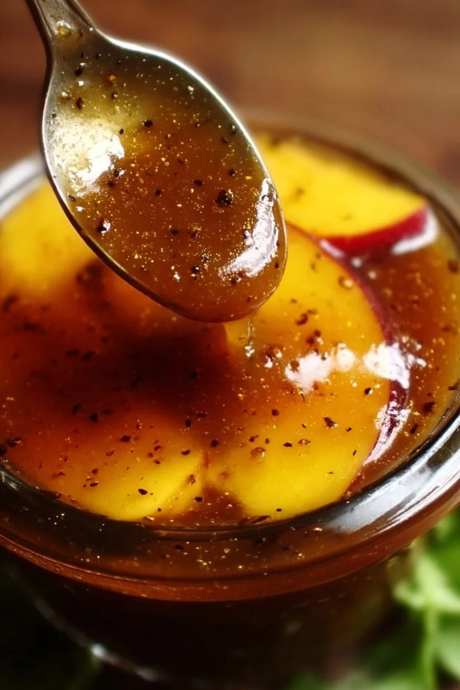 Peach Honey Dijon Vinaigrette in a glass jar with fresh peaches and honey.