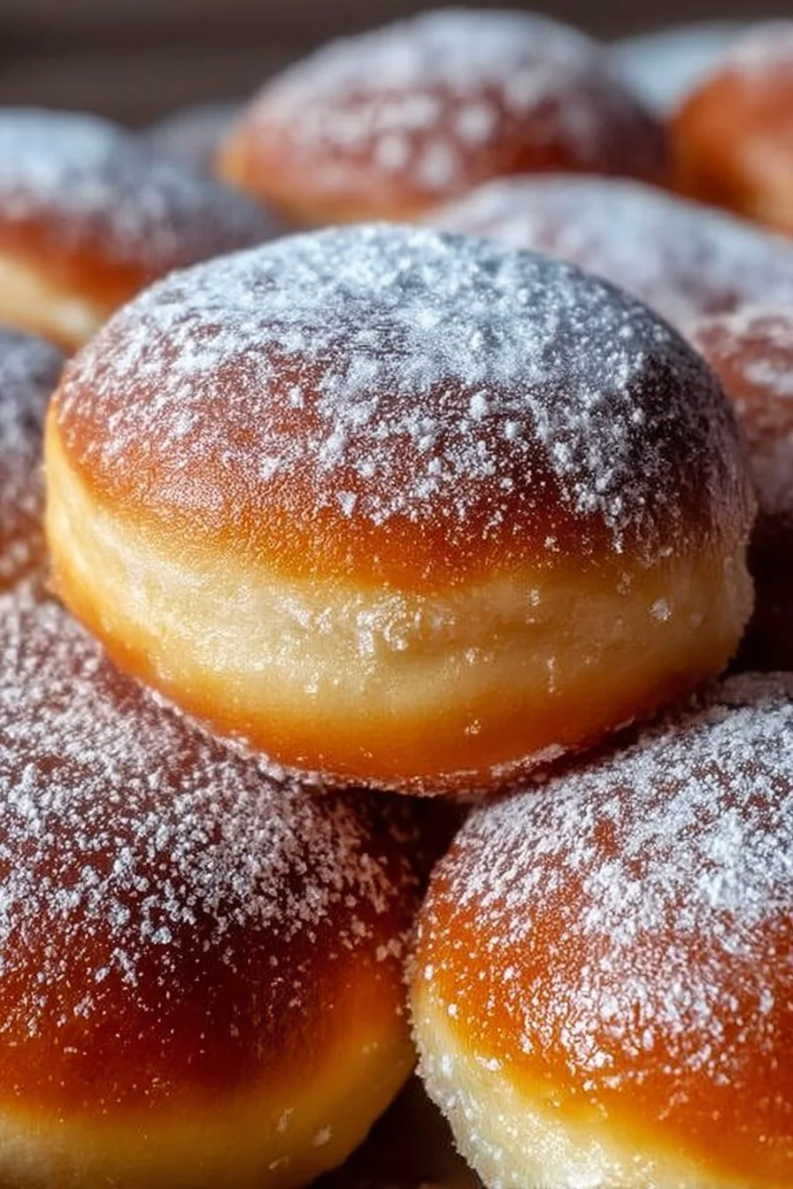 Delicious Polish Baked Paczki donuts arranged on a plate, dusted with powdered sugar.