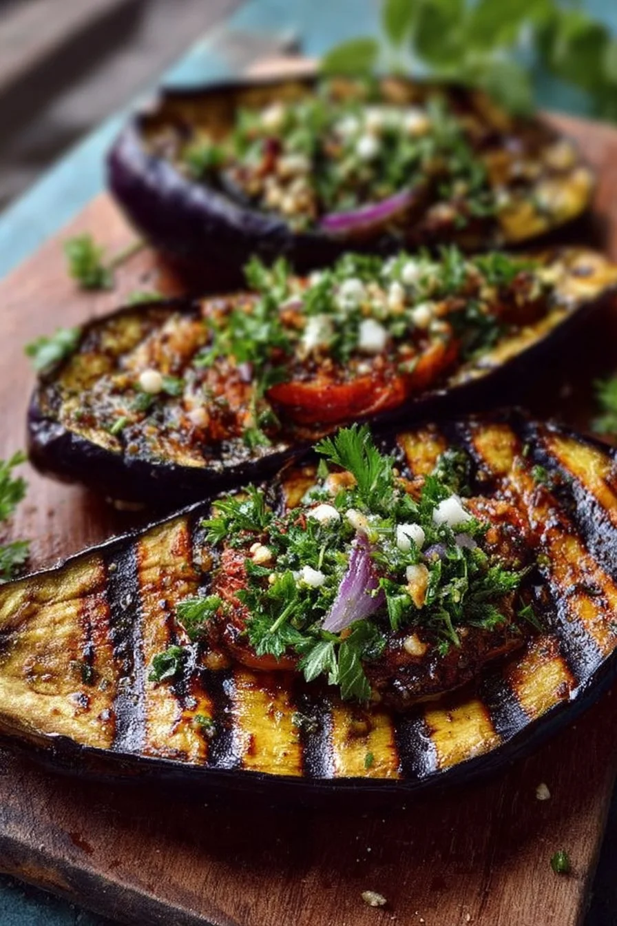 Slices of grilled eggplant arranged on a plate, garnished with herbs.