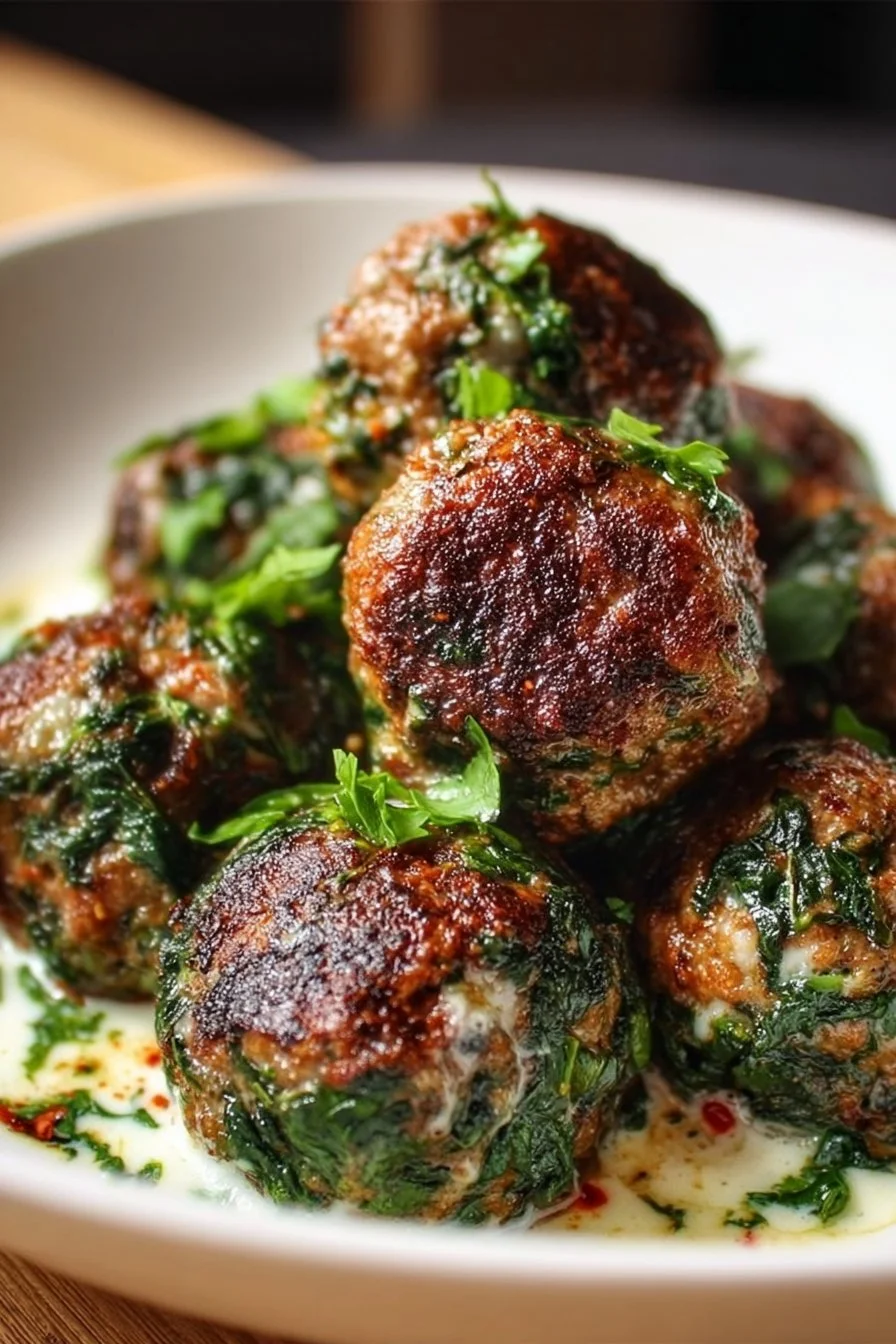 Quick spinach garlic meatballs topped with mozzarella cheese