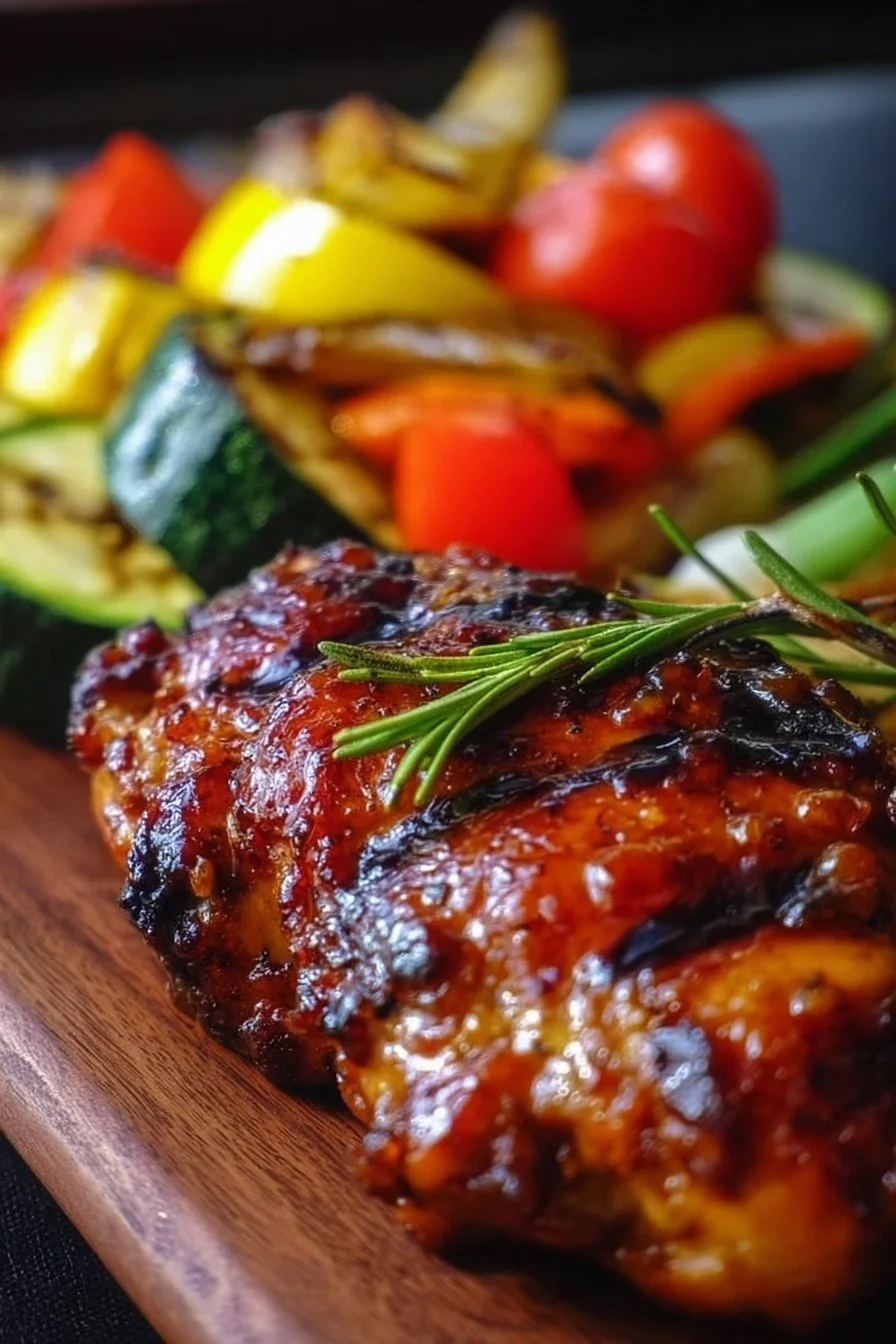 Rich Honey BBQ Chicken served with a colorful grilled veggie medley