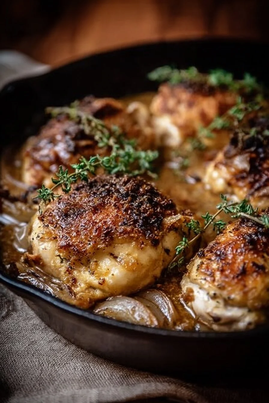 Delicious French onion chicken topped with cheese and caramelized onions