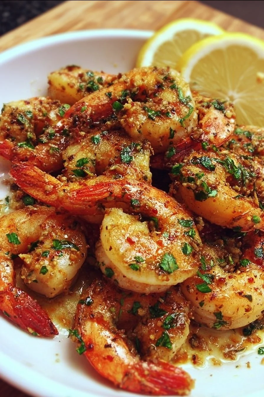 Savory lemon garlic shrimp served with fresh herbs and lemon slices.