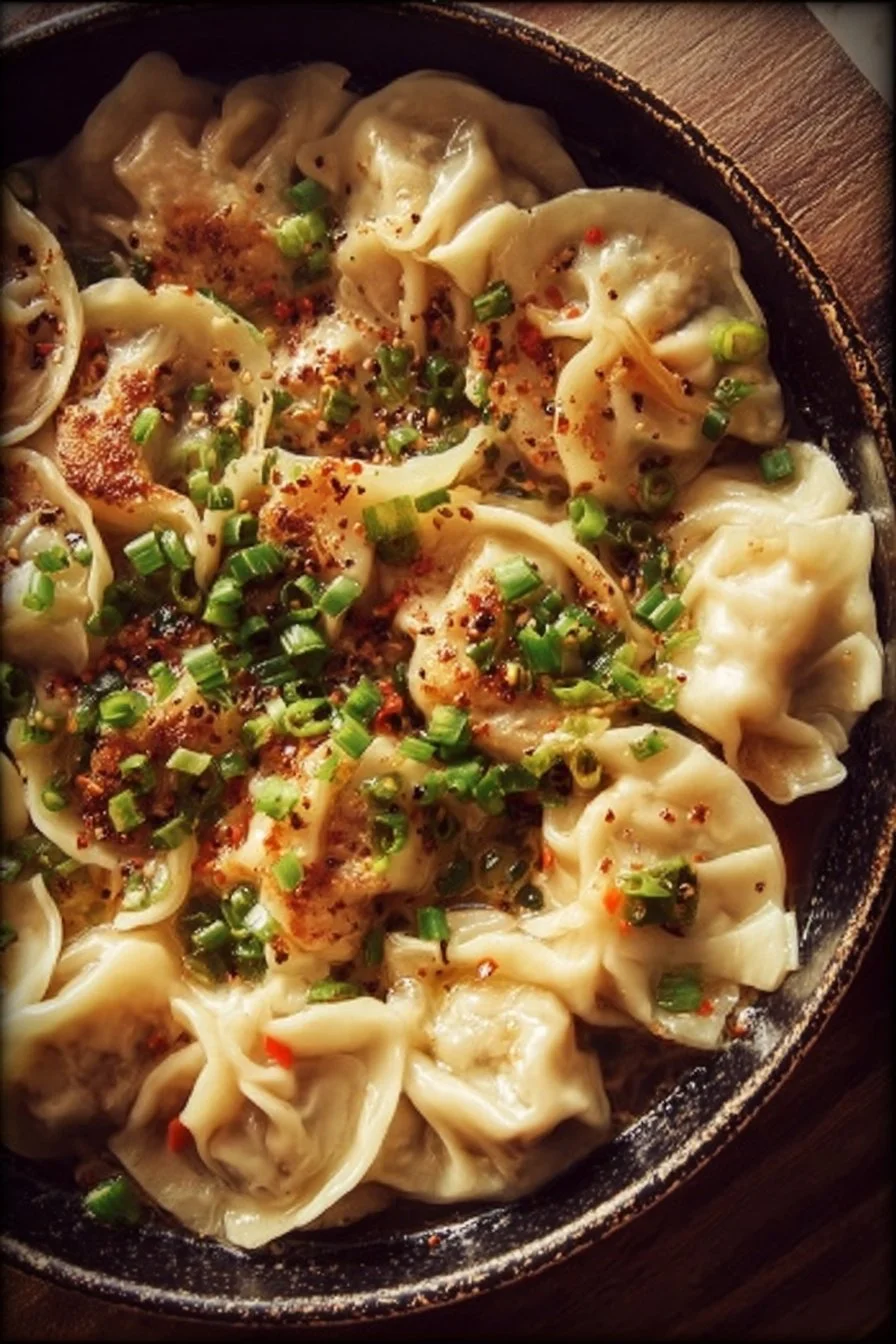 Savory one pan dumpling dinner ready to serve on a beautiful table