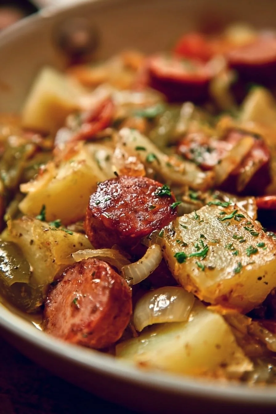 Savory sausage and potato dish served in a bowl with herbs