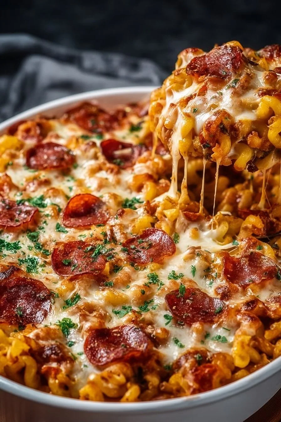 Savory Tik Tok pizza pasta casserole served in a rustic dish