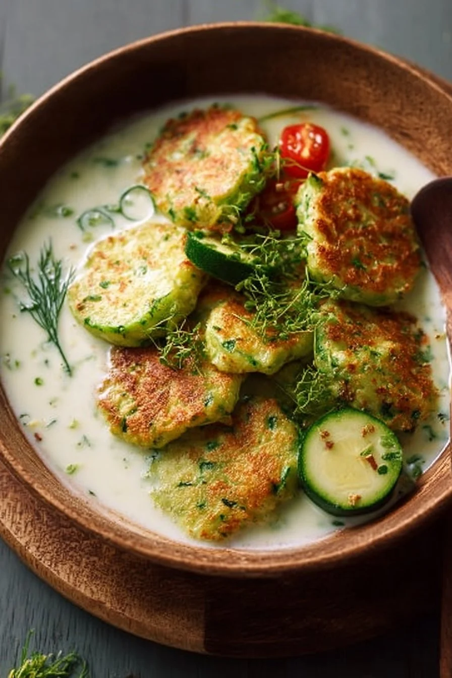 Delicious savory zucchini fritters served on a plate with dip
