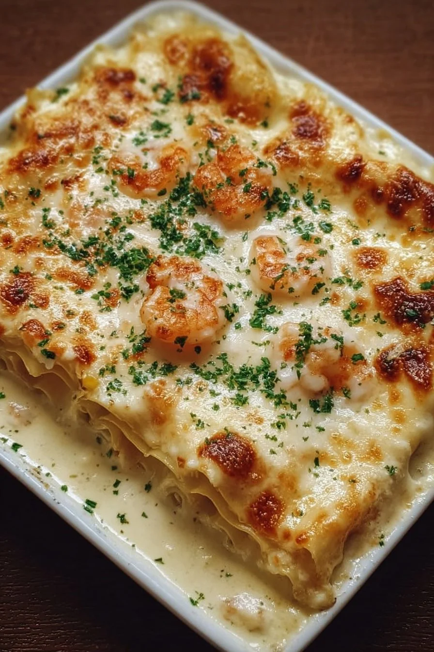 Shrimp lasagna with white sauce and cheese dish ready to be served