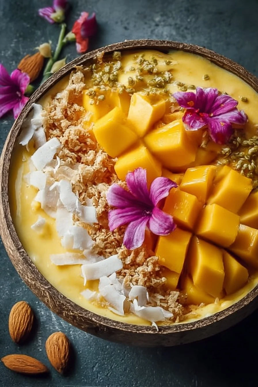 Sizzling Iced Mango Lassi Smoothie Bowl topped with fresh fruits and granola