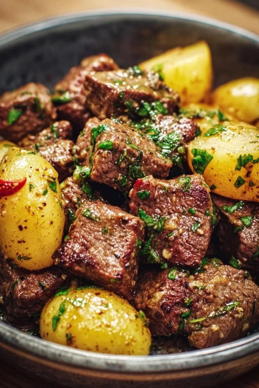 Sizzling garlic butter beef bites cooked in a slow cooker with potatoes