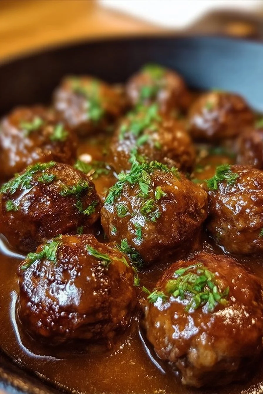 Slow Cooker Salisbury Steak Meatballs in a rich, savory gravy
