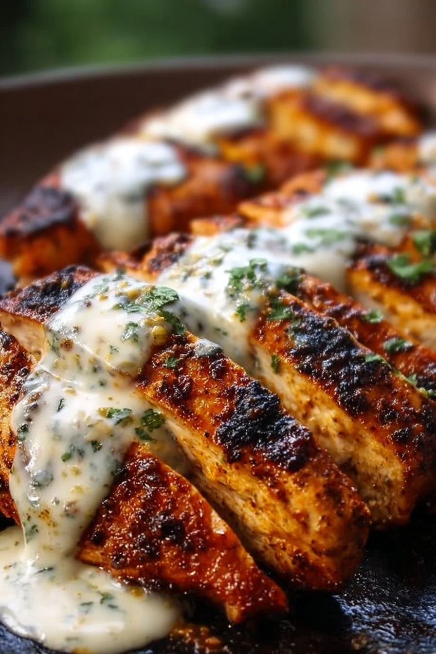 Delicious smoky Cajun grilled chicken drizzled with Alabama white sauce