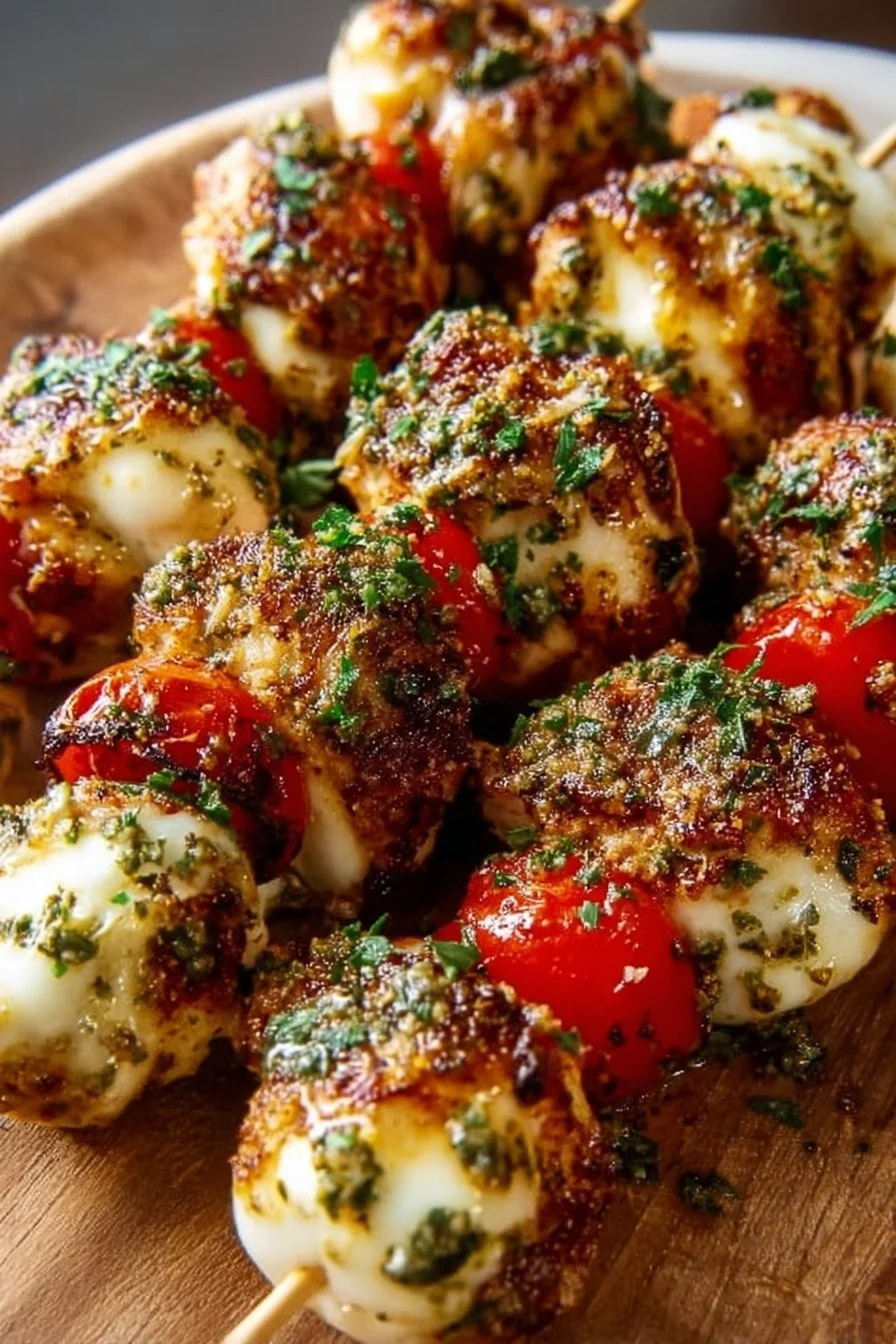 Smoky Garlic Mozzarella Chicken Bomb Skewers on a platter