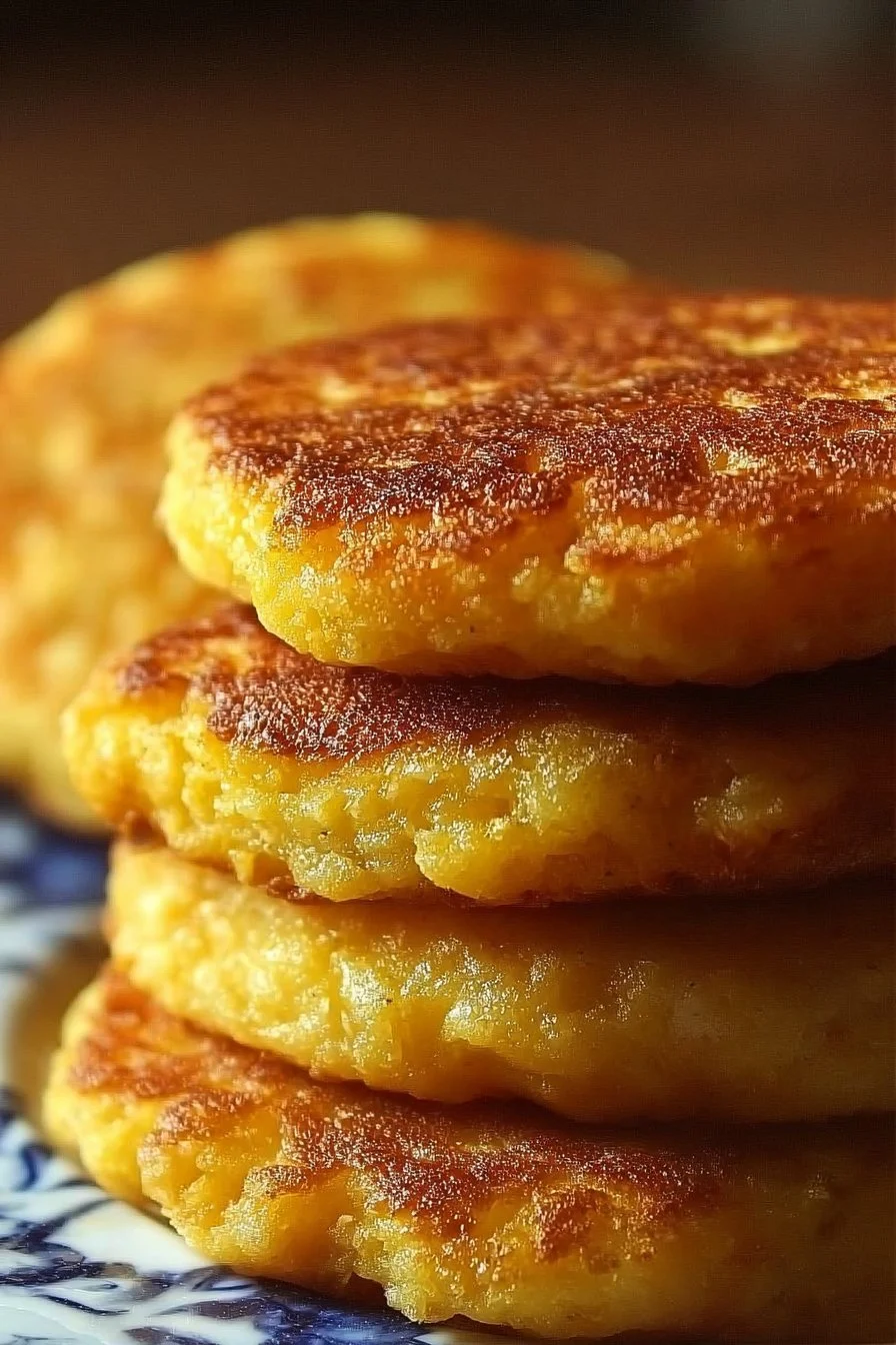 Golden Southern cornbread hoecakes served on a wooden platter