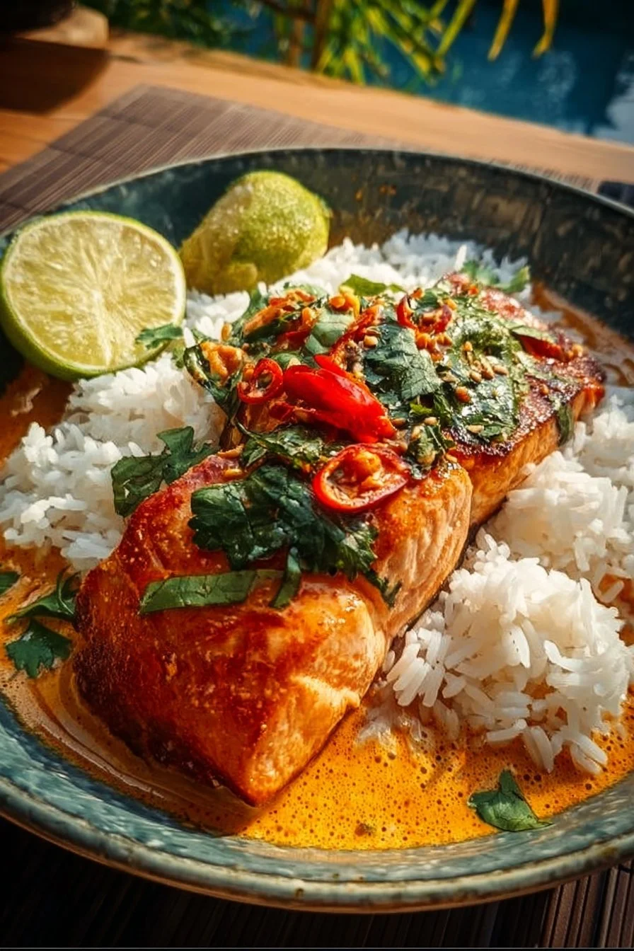 Delicious spicy coconut red curry salmon served at a backyard BBQ