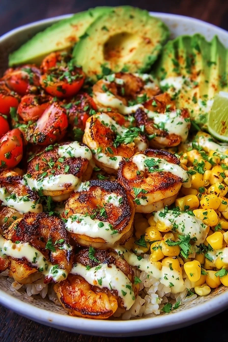 Spicy grilled shrimp bowl with avocado, corn salsa, and creamy garlic sauce